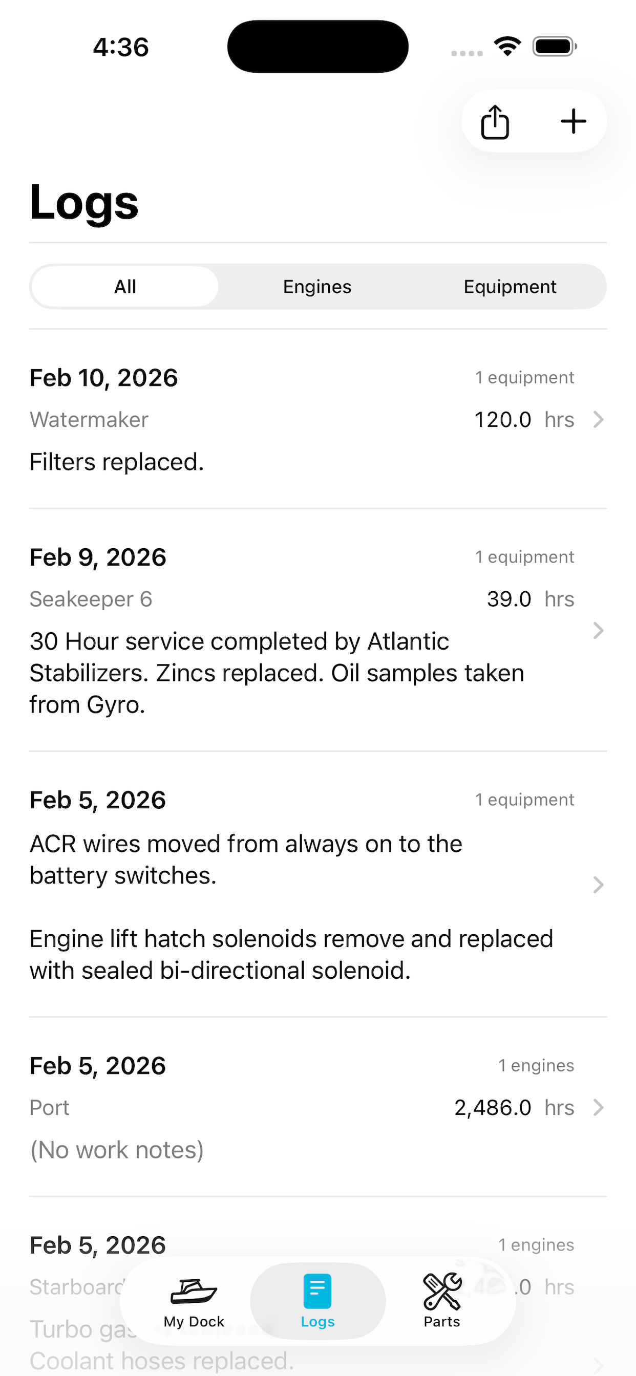 MEL Logs overview screen